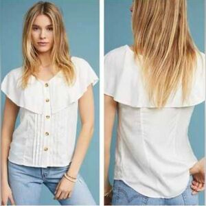 Anthropologie Maeve Eloise Swiss Dot White Ruffle Button-Down Blouse Sz 4